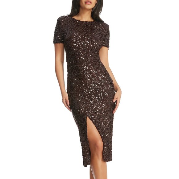NEW DRESS THE POPULATION Natasha Midi Dress Sequin Mocha Size Small - Picture 4 of 7